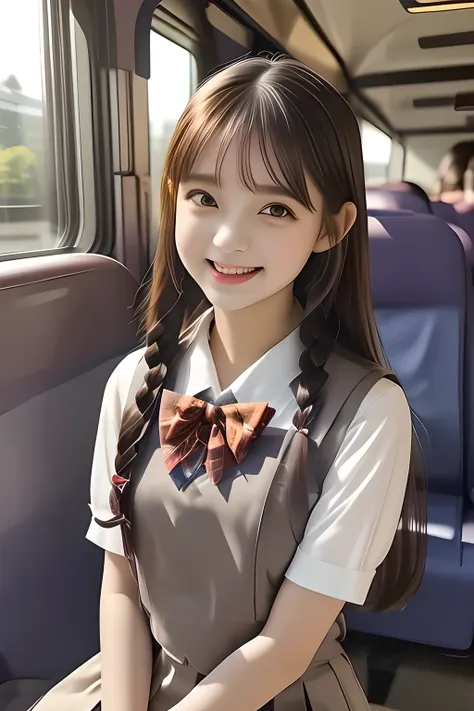 (highest quality, masterpiece, high resolution:1.2), 4K, (Photo quality detailed cute face: 1.4), (Giorgione painting style: 0.8), geometry, (14 yo cute girly  quarter-French-Japanese girls are seated and looking ME up on train seats both left and right si...