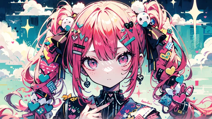 "kawaii, Cute,1 girl, short twintail, red hair, purple eyes,  She wears sky-themed clothing with clouds and sky motifs. Her outfit is fluffy and soft, With decora accessories like hair clips. She embodies a vibrant and trendy Harajuku fashion style."