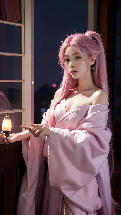 shenzi,1 Girl,long hair,pink hair,Purple Eyes,very long hair,hair_Decorations,Pink Kimono, (masterpiece, best quality:1.2), 1 Girl, Solitary, ((Off-shoulder clothes)), ((night)), lantern, Deep in Wonderland，Moonlight falls like water，Foggy Room，The heroine...