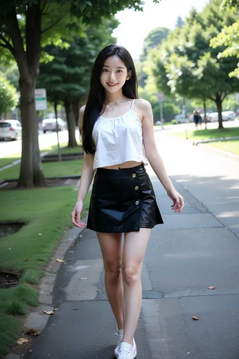 Standing in an empty park、High school girls、Summer clothes、Long black hair、mini skirt、Cute Face、Smiling、Full body portrait