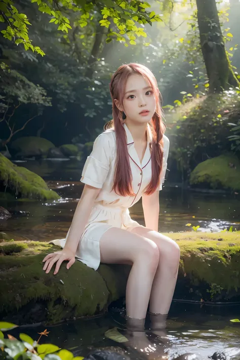 blackpink member rose, pink hair, (whole body), wearing medieval long cotton pajamas, sitting on the rocks, feet in water, wet h...