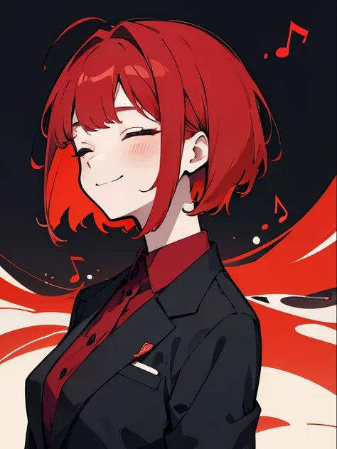 girl, 20-year-old, redhead, chiban, red colored 目, black suit, musical notes on the background, short hair, close ~ eyes, wicked...