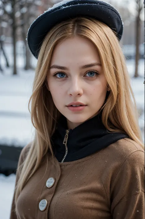 Extremely realistic blonde Russian girl with blonde hair and blue eyes., detailed clothing, photo shoot for winter clothes