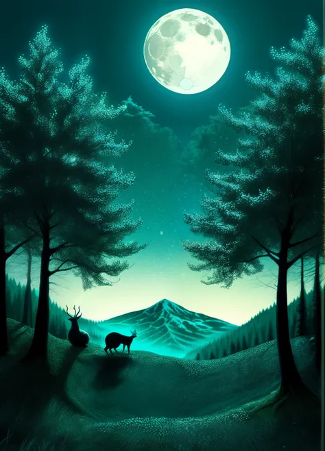 enchanted forest, the forest animals sitting together watch the full moon rising from behind the hills