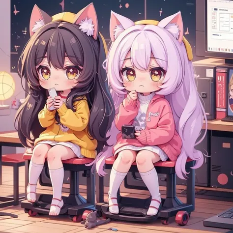 cat-eared anime girl sitting at computer desk，there is a cat on his head, cute anime catgirl, anime girl with cat ears, beautifu...