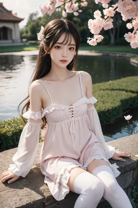 (sit),(bow),(Silver Hair),(Long hair),(Pale red eyes),threat in the eyes,(white four-petal flower ornament:1.1),(blush),Bangs,(A girl[(nightdress):(((No socks))):0.4]:1.2),(Bare shoulders),clavicle,(White stockings:1.2),Ruffled sleeves,Looking at the audie...