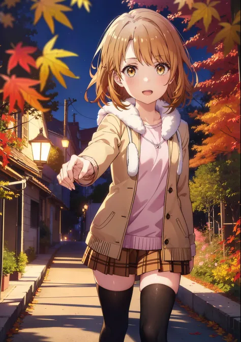 Irohaisshiki, isshiki iroha, short hair, Brown Hair, (Brown eyes:1.5), happy smile, smile, Open your mouth,Pink oversized hoodie,mini skirt,black tights,short boots,Flower Hair Ornaments,autumn leaves,autumn leavesが散っている,Walking,moonlight,night,whole bodyが...