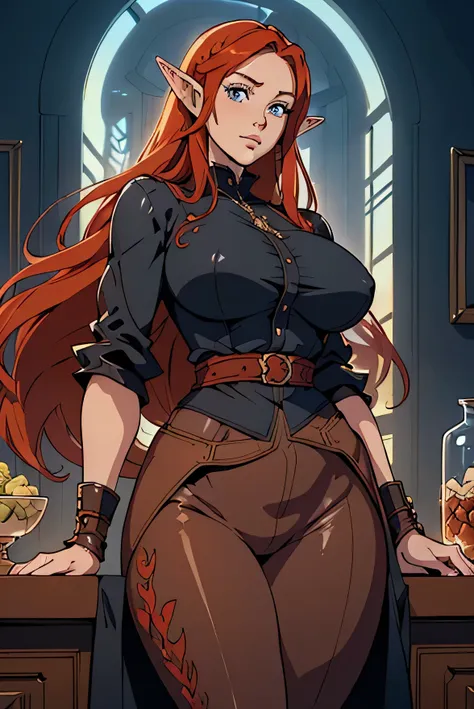 Cute Farmgirl with Braids. ((red haired woman, milf woman, long hair, pointy ears, elf ear)), Perfectly round face. Beautiful cute face, Big beautiful voluptuous lips, charming beauty, ((gentle expression on your face)), ((Beautiful Big, blue detailed eyes...