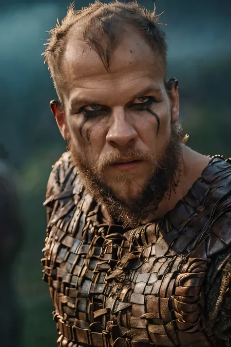 hyper realistic, ultra detailed, cinematic posterof floki a viking warrior, old man, 50 years old, black makeup on eyes, beard, ...