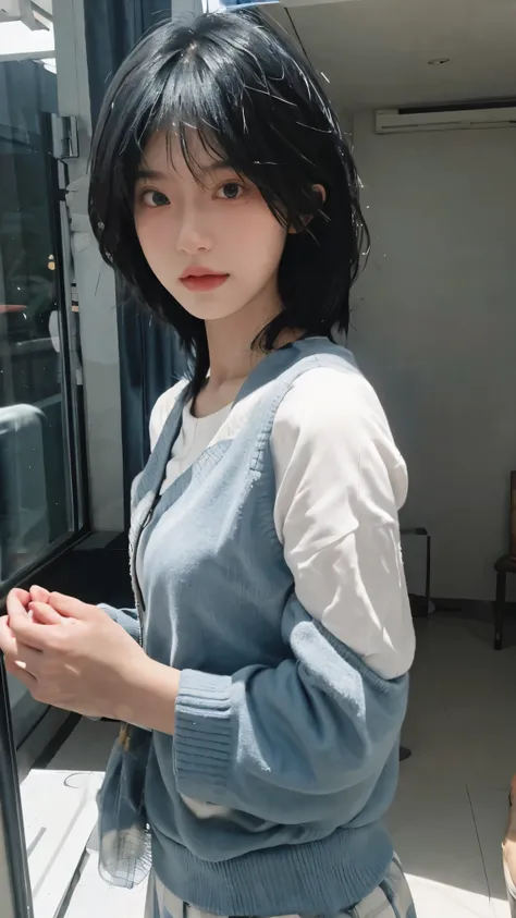 Best quality，Ultra-high resolution，（lifelike：1.4），Cute hairpin，2girll，Sparkling eyes，Short blue hair，jk，Snow-white skin，Blush，Slim beauty，At school，Ultra-fine face，Exquisite eyes，Double eyelids，