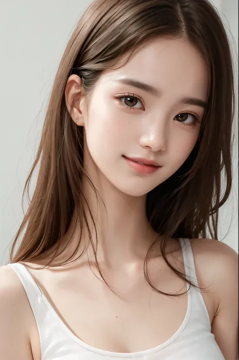 White tank top, Very detailed, 21 years old, Innocent face, Naturally Wavy Hair, High resolution, masterpiece, 最high quality, Intricate details, Very detailed, Clear focus, Delicate skin, practical skin texture, texture, Delicate eyes, Professional, 4K, Cu...