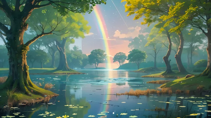 There is only a lake with no end in sight and a single tree., In the middle of the lake, you can see an incredibly huge white tree that seems to reach the sky.. On the branches of the trees, there are shining green leaves. In the sky, there are rainbow-col...