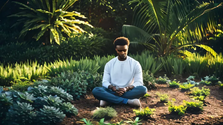 "Create an image that symbolizes emotional well-being and personal growth. In the center, place a man, surrounded by soft light. Plants growing, and the image of a head radiating light, on a natural and calm background. The image should convey tranquility,...