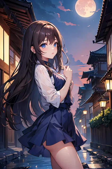 1 female、whole body、lower angle、Brown Hair、Long Hair、Well-groomed face、Dark lips、blue eyes、Blue dress、valley、slim、mini skirt、Kyoto、old buildings、night、full moon、masterpiece、Ultra-high resolution、delicate、Perfect lighting、sunlight、16K