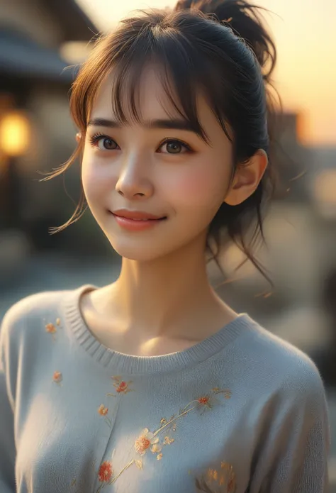 Highest quality, 超High resolution, (Realistic:1.4),Sunset Light, ponytail, Japanese women, Detailed Photos, smile, sexy, Black Shirt, To the camera, close (masterpiece: 1.3), (8k, Realistic, Highest quality: 1.4), (One girl), Beautiful Face, (Realistic Fac...