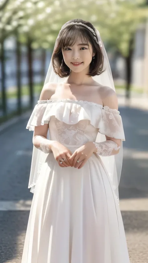 (8k、RAW Photos、Highest quality、masterpiece:1.2)、(Realistic、Realistic)、1 girl、((off-the-shoulder wedding dresses、Veil、Chapel、Short Bob、View from the front、smile、Looking at the camera 、smile、stand))、cute、Small breasts