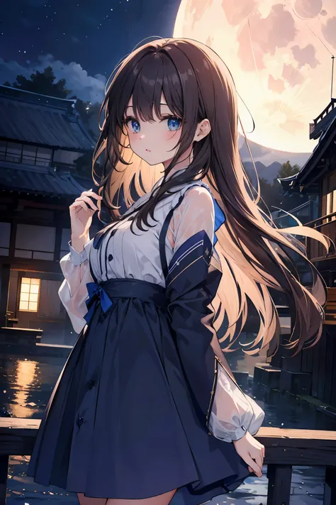 1 female、whole body、lower angle、Brown Hair、Long Hair、Well-groomed face、Dark lips、blue eyes、Blue dress、valley、slim、mini skirt、Kyoto、old buildings、night、full moon、masterpiece、Ultra-high resolution、delicate、Perfect lighting、sunlight、16K