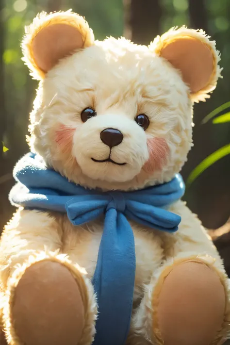 cute teddy bear  with a kind smiling face, big blue bow, yellow belly, forest background, watercolor, (best quality,4k,8k,highres,masterpiece:1.2),ultra-detailed,(realistic,photorealistic,photo-realistic:1.37),intricate details,soft lighting,warm color pal...