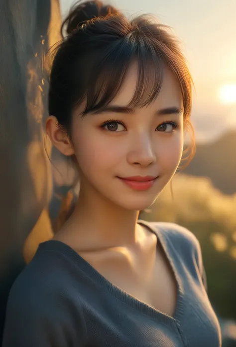 Highest quality, 超High resolution, (Realistic:1.4),Sunset Light, ponytail, Japanese women, Detailed Photos, smile, sexy, Black Shirt, To the camera, close (masterpiece: 1.3), (8k, Realistic, Highest quality: 1.4), (One cute girl), Beautiful Face, (Realisti...