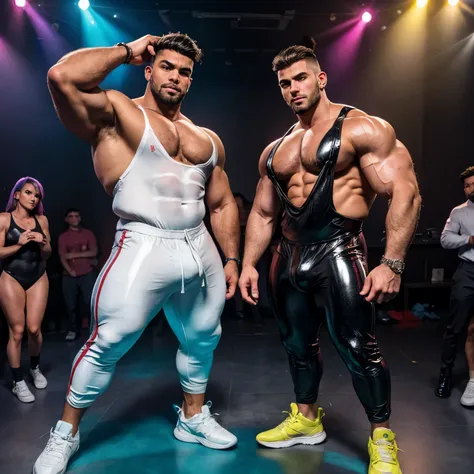 Hq photos. full body view, the 2 biggest heaviest thickest hypermassive overmuscular bodybuilded different white european males with hype styled undercut haircuts, facial piercings. intense neverending bigger muscle maxovergrowth . Dancing In disco party i...