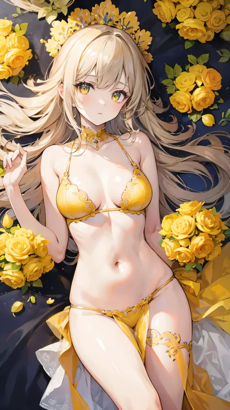 ((True best masterpiece, Ultimately perfect quality, Extremely delicate details)), ((Yellow skin, Slim body, Whole body)), A skinny girl with small bust, With vivid-yellow skin, Wearing a yellow dress, Yellow roses