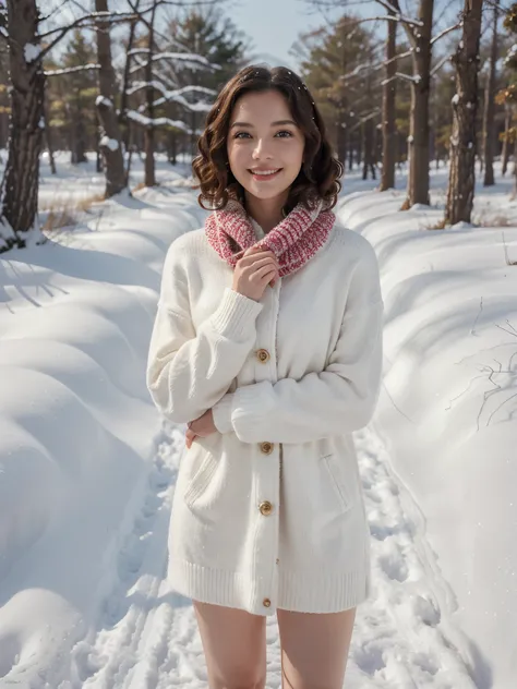 Beautiful girl wea ring red sweater and white muffler on snow forest, pretty face, photo-realistic, masterpiece, depth of field, full body shot, light smile, super detail, light red lips, cool looks, black short hair, ringlets