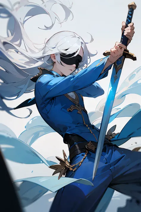 ((best qualityer)), ((work of art)), (detailded), male, white hair, long hair, blindfolded, blue clothes, flowy clothes, holding Sword, ice 