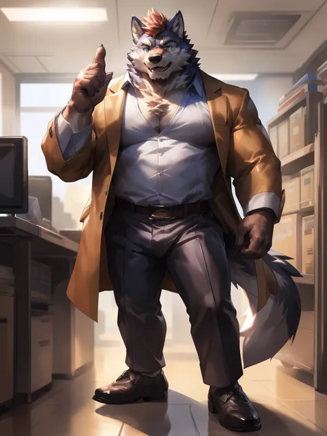 solo, furry, furry male, wolf, ((furry body, fluffy fur, fluffy)), (wolf print, brown fur), brown body, fohawk hair, blue eyes, (scar, left eye scar), fluffy neck hair, closed mouth, fluffy chest, bara, (trench coat, brown coat), (dress shirt, opened shirt...