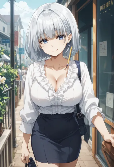 masterpiece, best quality, beta, silver hair, white shirt, frills, pencil skirt, cleavage, large breasts, looking at viewer, smile
