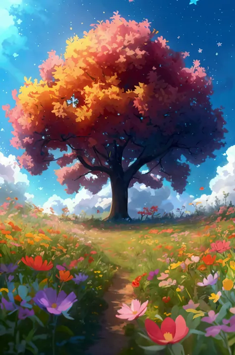 Viral anime nature wallpaper in 4K quality, in the style of Pixar 3D inspired by Toy Story, showcasing a lush meadow filled with colorful wildflowers, a clear blue sky with fluffy clouds, and a single majestic tree standing in the middle; bright and cheerf...