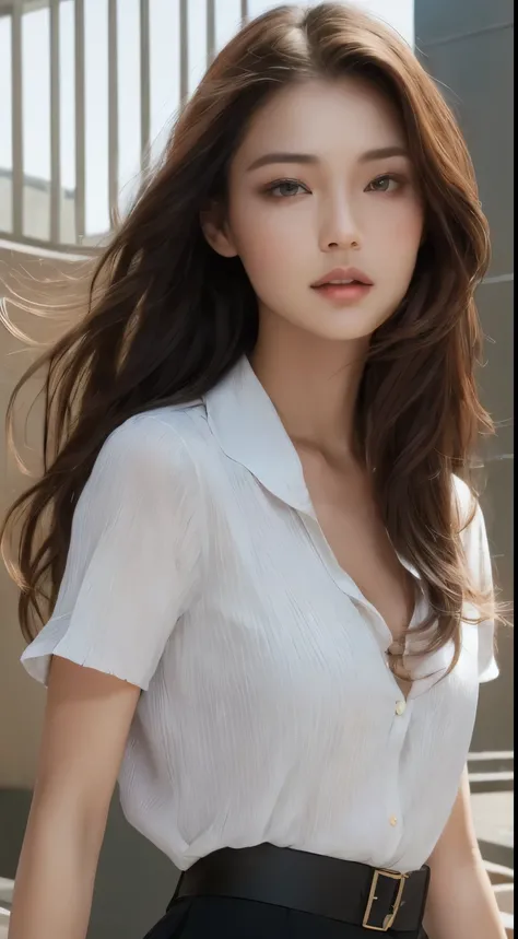 (best quality, high resolution, masterpiece :1.3), Tall and pretty woman, slim abs, Dark brown hair in loose wave style, chest, wearing pendants, White button-up shirt, belt, black skirt, (Modern architecture in the background), Detailed expression of the ...