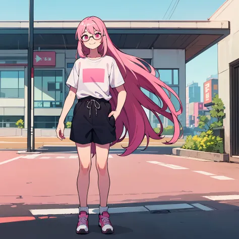 1boy, only one boy, one boy only, flat chest, long pink hair, pink eyes, looking at the viewer, wearing glasses, , feminine face, standing alone on the side of the road, stand straight, smile, looks excited, wearing shorts and an oversized shirt, half-body...