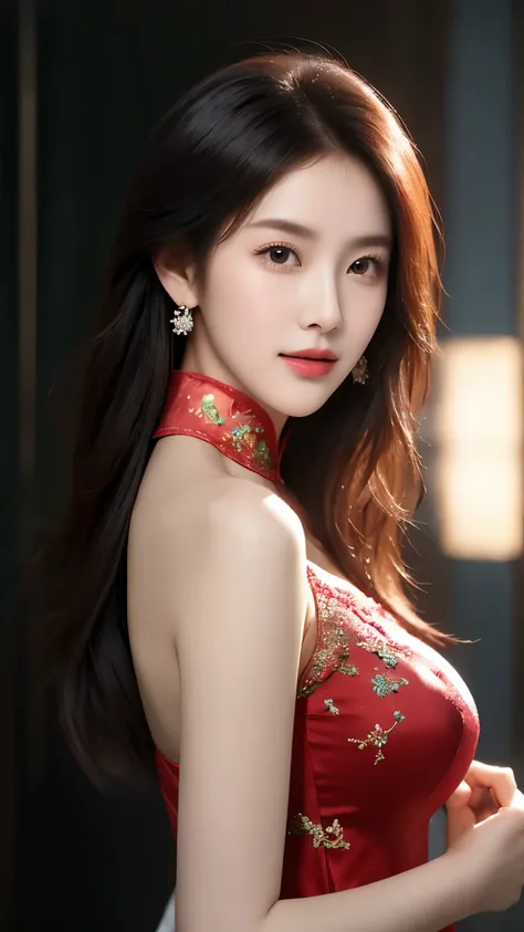 ((best quality, 8k, masterpiece: 1.3)), concentrate upon: 1.2, wearing an emerald red cheongsam,8k ultra high definition，masterp...