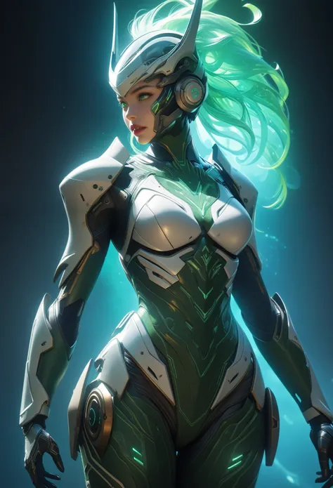 score_9, score_8_up, score_7_up, Wear green and white mechanical clothing, Wonders of the machine, cyber, Cybernetic Guardian, Futuristic Armor, whole body, Front pose, Symmetric, Complex (Steel Metal [rust]), joint, Warframe style, cyborg, Female body arm...