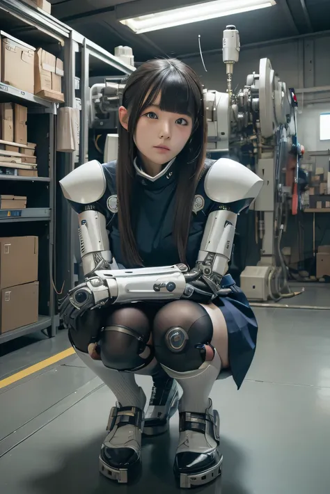 masterpiece, best quality, extremely detailed, Japanese android girl,Plump ,control panels,Squat,Mechanical Hand,Robot arms and legs, white robot body,blunt bangs,skirt,knee high socks,blue eyes