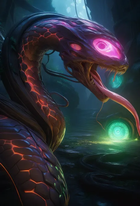 score_9, score_8_up, score_7_up, 1 female medusa alien, A scene from a horror movie, beautiful detailed eyes, A third eye on the forehead, beautiful detailed lips, extremely detailed face and eyes, long eyelashes, (long tongue like a snake:1.2), intricate ...