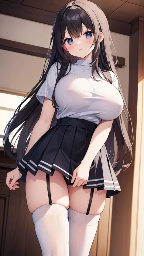 (masterpiece、Highest quality)、High resolution、Detailed face:1.2、anime(1.2)、Sharpness、4K、Private room、Dynamic Angle、Are standing、Top view、Looking up、A sly pose、Bending pose、15 years old、Two-dimensional beautiful girl、White T-shirt、Black thigh-high stockings...