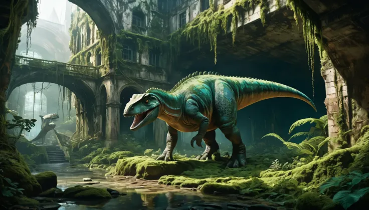 fantasy, Urban ruins featuring crumbling buildings intertwined with wet caves and large craters, with moss and vines growing over the surfaces. A Gannansaurus, a large dinosaur resembling a mix of a theropod and a sauropod, stands majestically in the foreg...