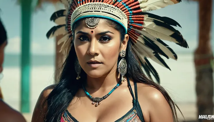 Foto RAW, looks like Nayanthara, excessive sweating, thick figure, curvy, milf, 50 years old Woman, tattoo in the middle of her breast, with realistic Indian headdress , tribal girl, stunning looks, tribal headdress, tattoos, colourful tribal tattoos, trib...