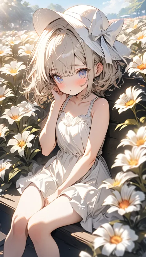 ((masterpiece:1.4, best quality)), ((masterpiece, best quality)),beautiful pixie cut silver blonde hair,little cute   girl,full body, sitting in the sun,taking a nap, ((elegant summer mini dress)), white beautiful elegant hat,very cute,cute eyes,cinematic ...