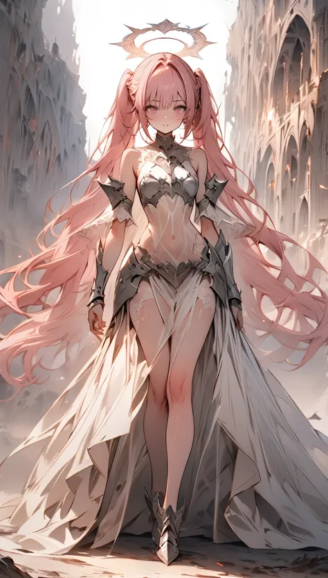 ((masterpiece, best quality)), Epic battlefield atmosphere，Delicate face，knight，Pure White Bride Armor，Halo，whole body，Standing picture，Perfect body proportions，Double ponytail hair，Nice pink eyes，Fantasy style，White background，transparent，Lace