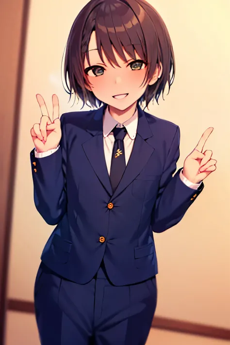 high quality,Masterpiece。Cute androgynous male,High school boy,His hair is not long,His hair is short brown hair。He is facing the viewers with his face and body standing upright,Traditional Chinese。His hands are not holding anything,Both hands are not posi...