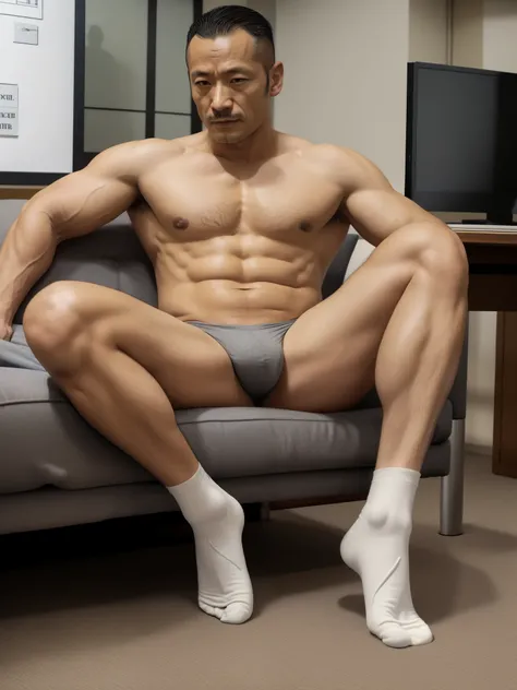 40 years old，Hidetoshi Nakata，（Kogoro Mori 1.3），whole body，Lean，muscle，office，grey socks，Feet raised，sofa，Baldhead ，transparent，Thick body hair，underwear，Topless，Densely hairy，Fortitude，HD，With a mustache