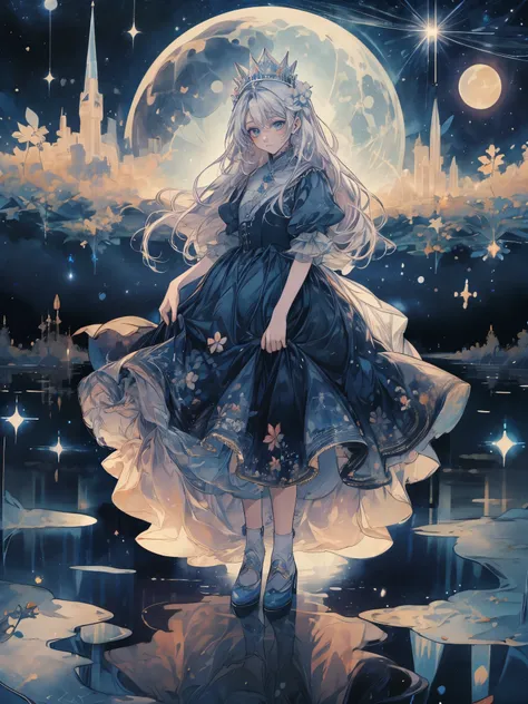 (Mastepiece), (Best Quality), Very detailed, 1 girl, (Full body solo shot:1.5), Perfect Face, beautiful girl, Very detailedな顔，(Blue Princess Dress:1.4)、(Long white hair:1.5)，(blue eyes:1.4)，(Princess:1.4)、(White flower:1.4)、(Blue Butterfly々:1.3)、(Sparkling...