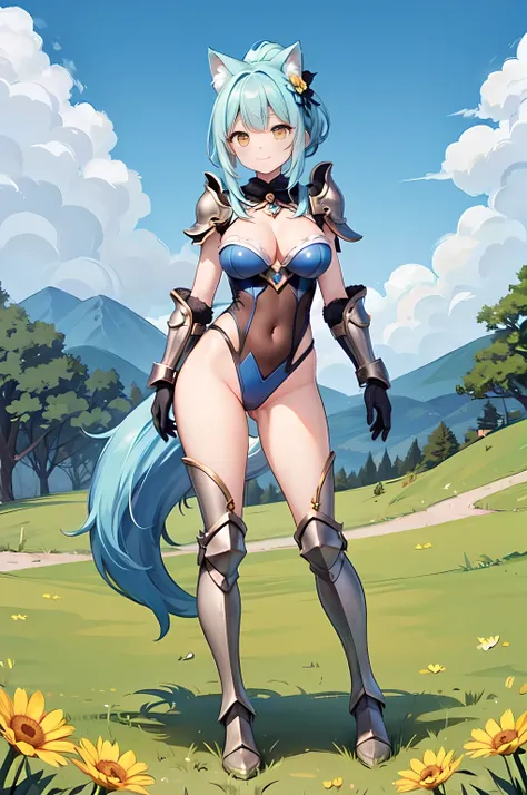 Masterpiece, 1girl, animal ear fluff, fox ears, armor, armored boots, ass visible through thighs, bangs, blue gloves, blue hair, blue sky, boots, breasts, cleavage, closed mouth, cloud, covered navel, day, flower, full body, gloves, grass, greaves, hair fl...