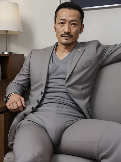 40 years old，Hidetoshi Nakata，（Kogoro Mori 1.3），whole body，Lean，muscle，office，grey socks，Suit，Feet raised，sofa，Baldhead ，transparent，Thick body hair，underwear，Topless，Densely hairy，Fortitude，HD，With a mustache