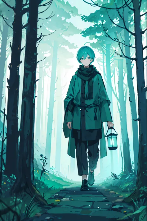 Walking through the misty forest、With short, aqua-colored hair and a lantern in one hand、A boy wearing a black scarf