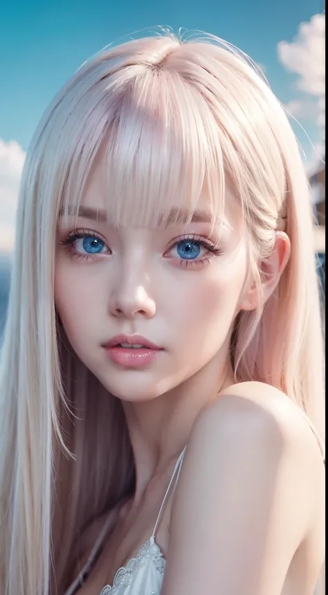 Beautiful girl with super long light pink platinum blonde hair、Bangs between the eyes、Tabletop, Highest quality, figure, Very detailed, In detail, High resolution, 8k wallpaper, Perfect dynamic composition, Beautifully detailed bright sparkling pale sky bl...
