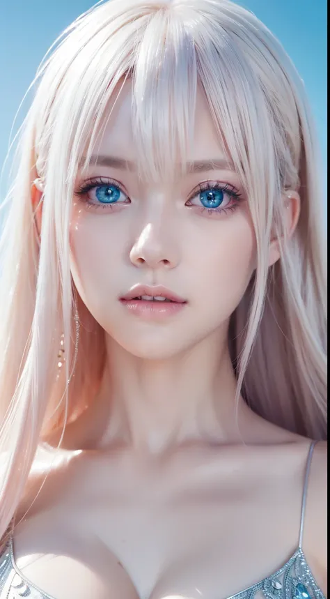 Beautiful girl with super long light pink platinum blonde hair、Bangs between the eyes、Tabletop, Highest quality, figure, Very detailed, In detail, High resolution, 8k wallpaper, Perfect dynamic composition, Beautifully detailed bright sparkling pale sky bl...
