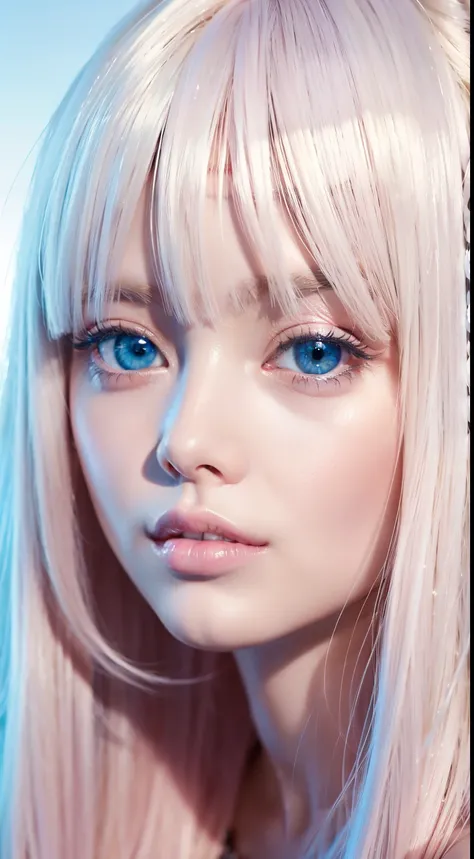 Beautiful girl with super long light pink platinum blonde hair、Bangs between the eyes、Tabletop, Highest quality, figure, Very detailed, In detail, High resolution, 8k wallpaper, Perfect dynamic composition, Beautifully detailed bright sparkling pale sky bl...